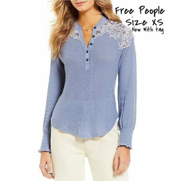 Free People Knit Top Henley - Embroidered Crochet Extra Small  XS New with Tags - Picture 1 of 4